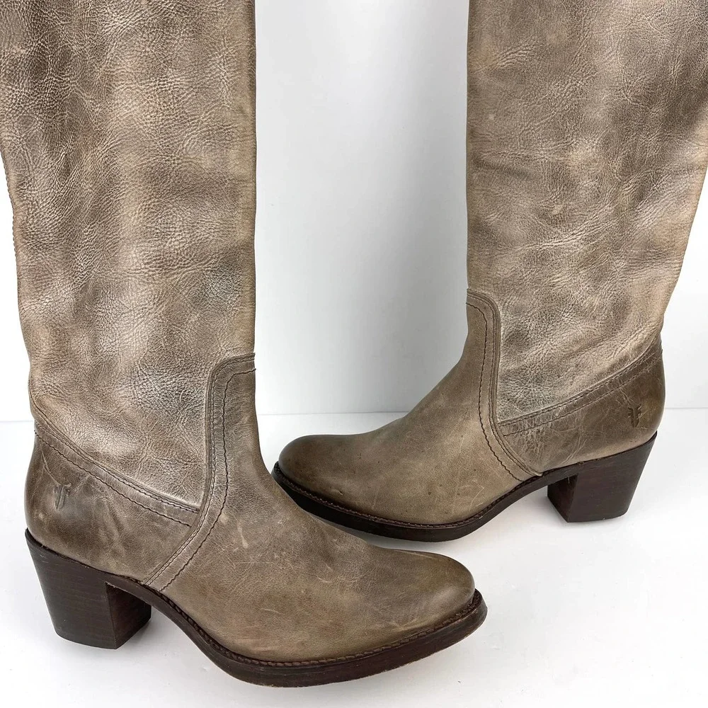FRYE Jane Tall Cuffed Leather Boot 7.5 Taupe Brown Gray - Picture 7 of 14